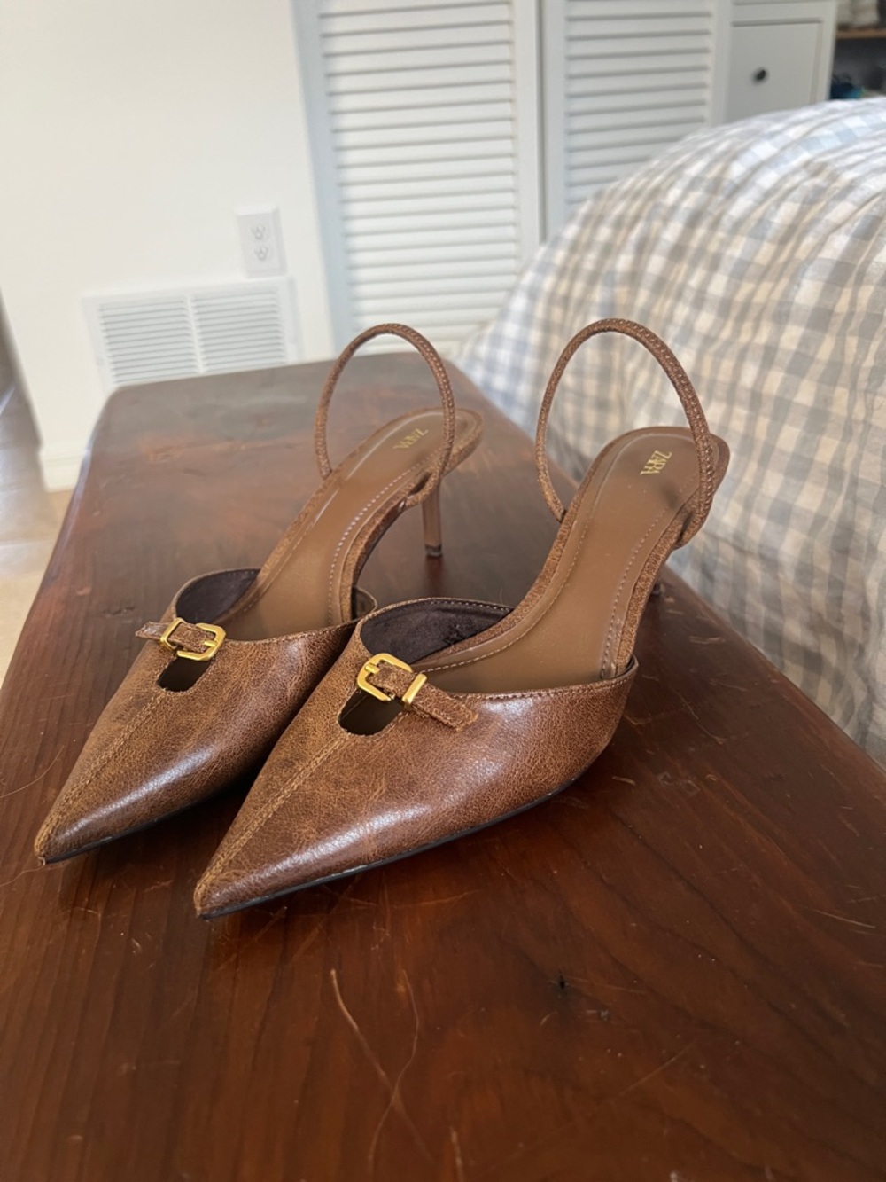 Zara Genuine Leather Brown Slingback Heels